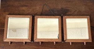 Antique Victorian Oak Tri Fold Shaving Travel Mirror Beveled Glass 23" Folding
